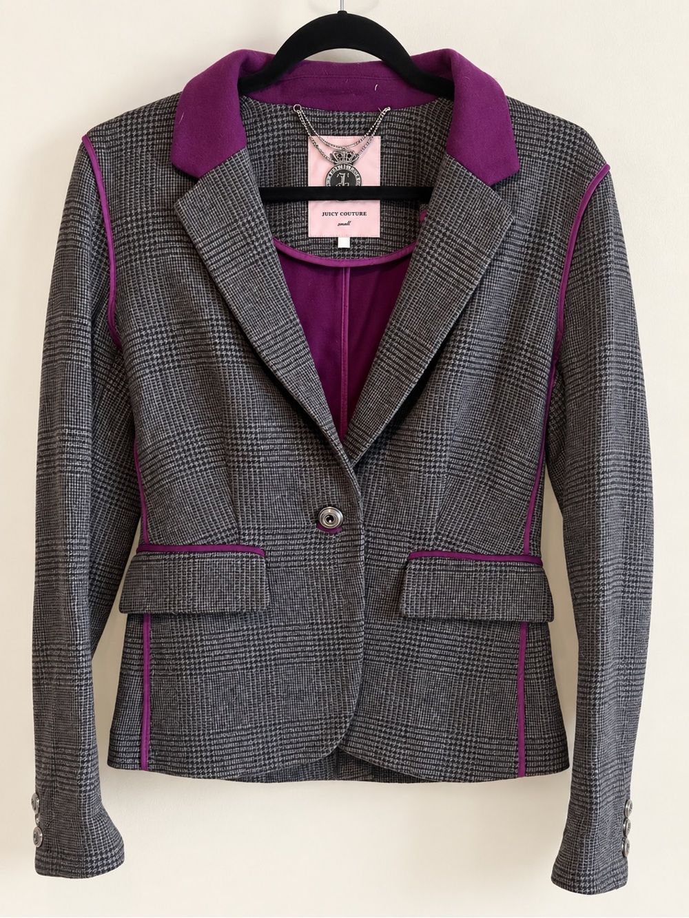 JUICY COUTURE Y2K Plaid Wool Blazer Purple Trim Size Small